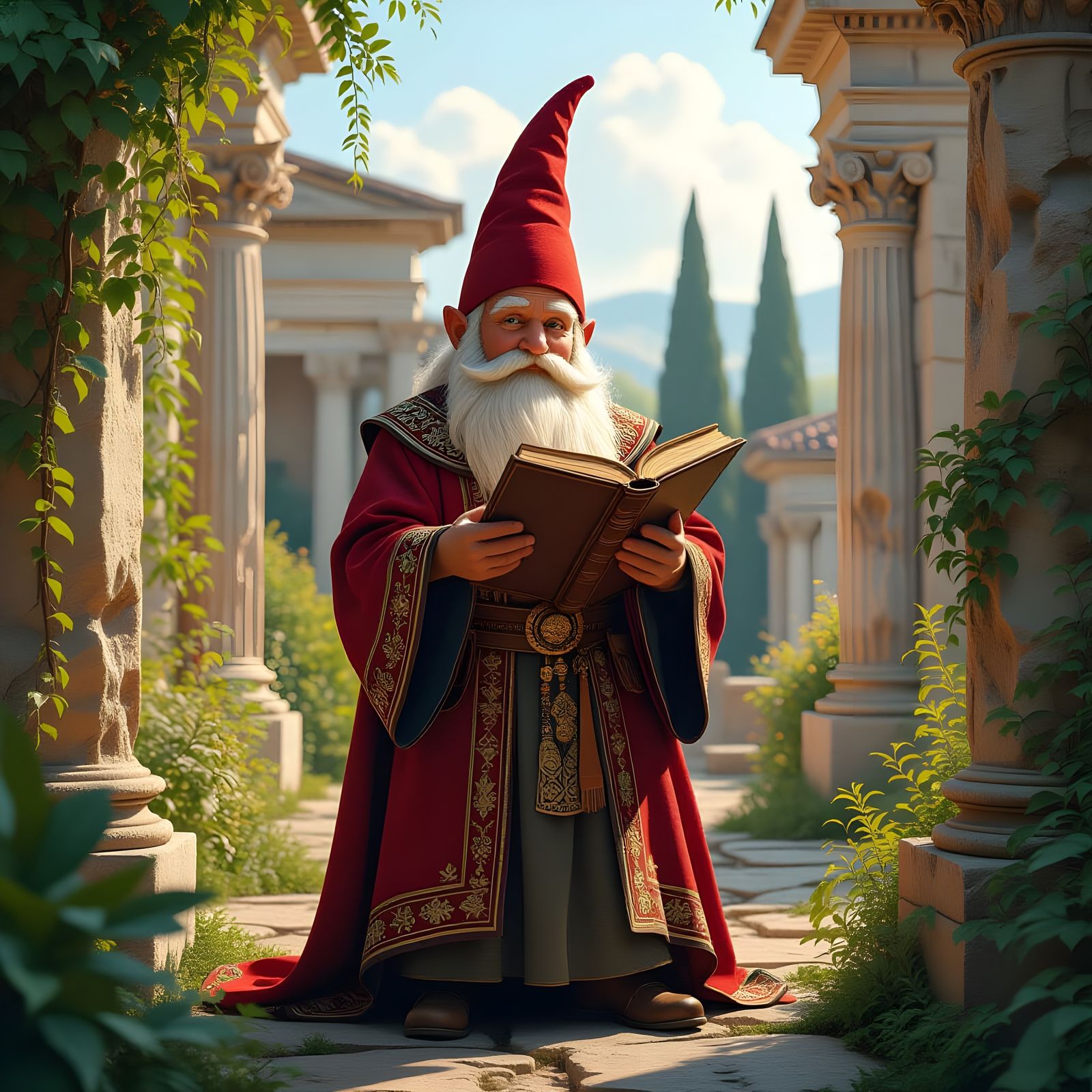Gnome Reads Tome in Rome: Hyperrealistic Fantasy