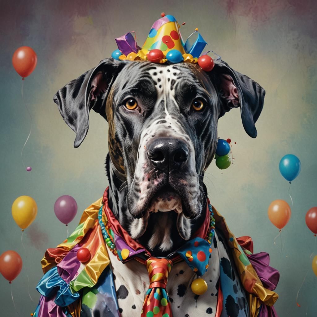 Great Dane Clown in Hyperrealistic Splash Art