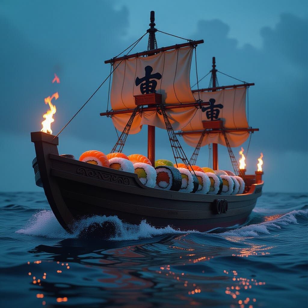 Majestic Sushi Boat Sails on Stormy Seas
