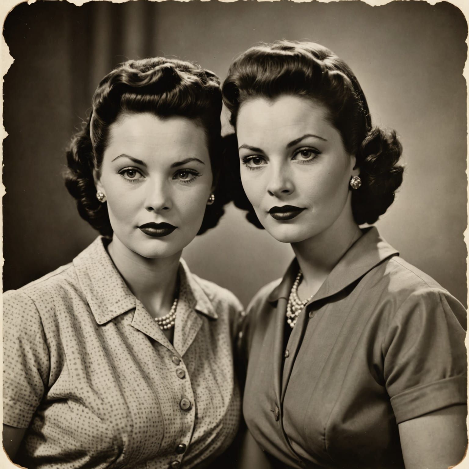1950s Sepia Photo of Two Women in Jagged Frame