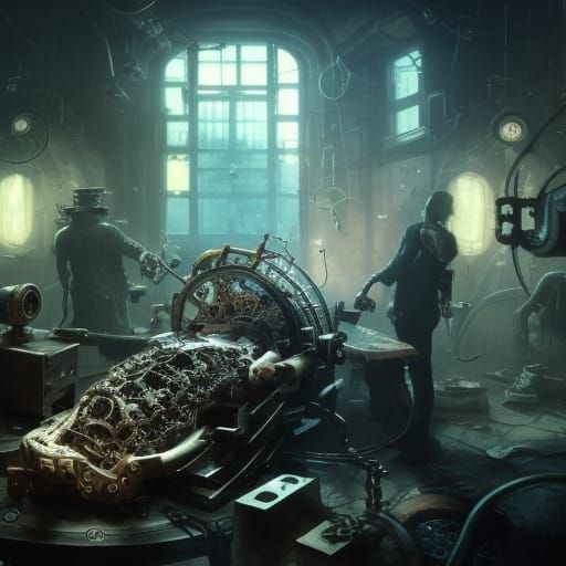 Steampunk Brain Surgery with Gears, Dark Fantasy Art