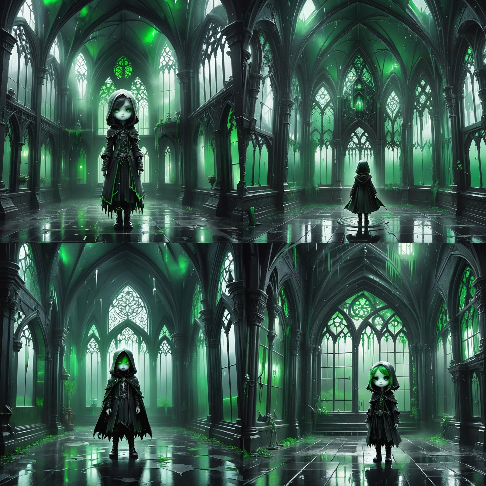 Chibi Wraith in Gothic Hall: Black, White, and Green