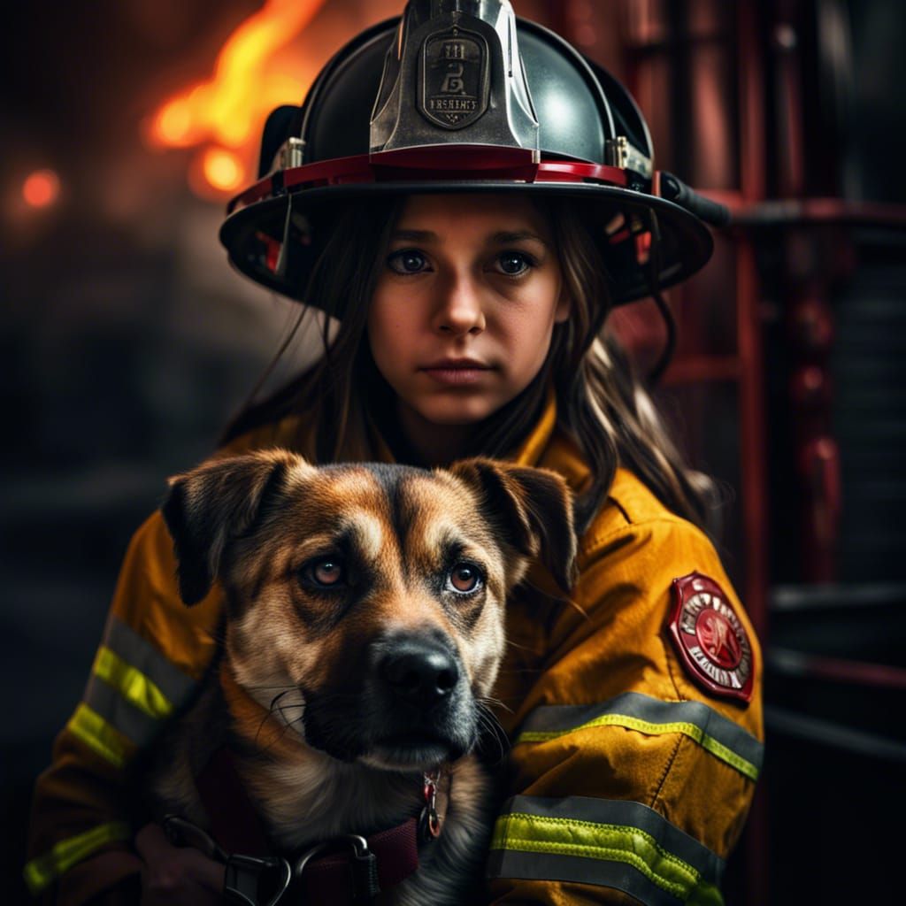 Hyperrealistic Girl Firefighter with Dog in Cinematic HDR