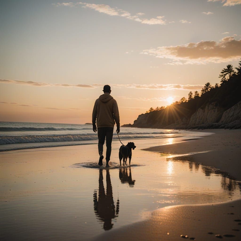 Man and Dog Walking on Beach at Sunset