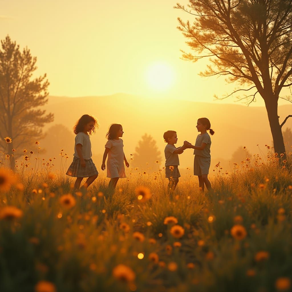 Idyllic Landscape with Children in Golden Light
