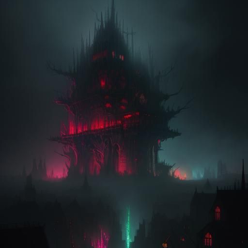 Crooked Tower in Cyberpunk Cityscape