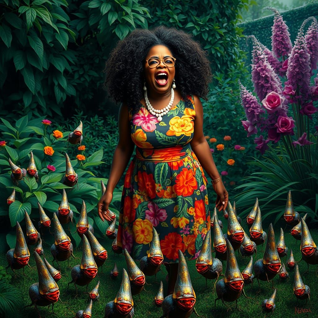 Oprah Confronts Grotesque Garden Creatures in Vibrant Expres...