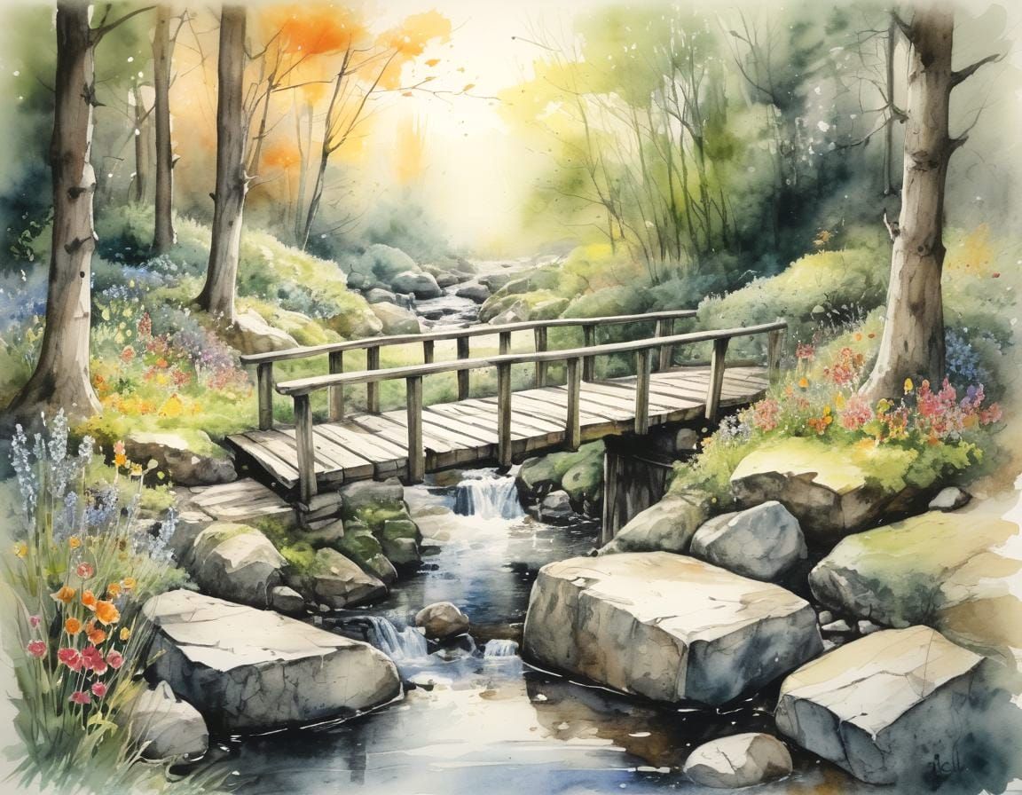Stylized Watercolor Bridge with Autumnal Sunlight