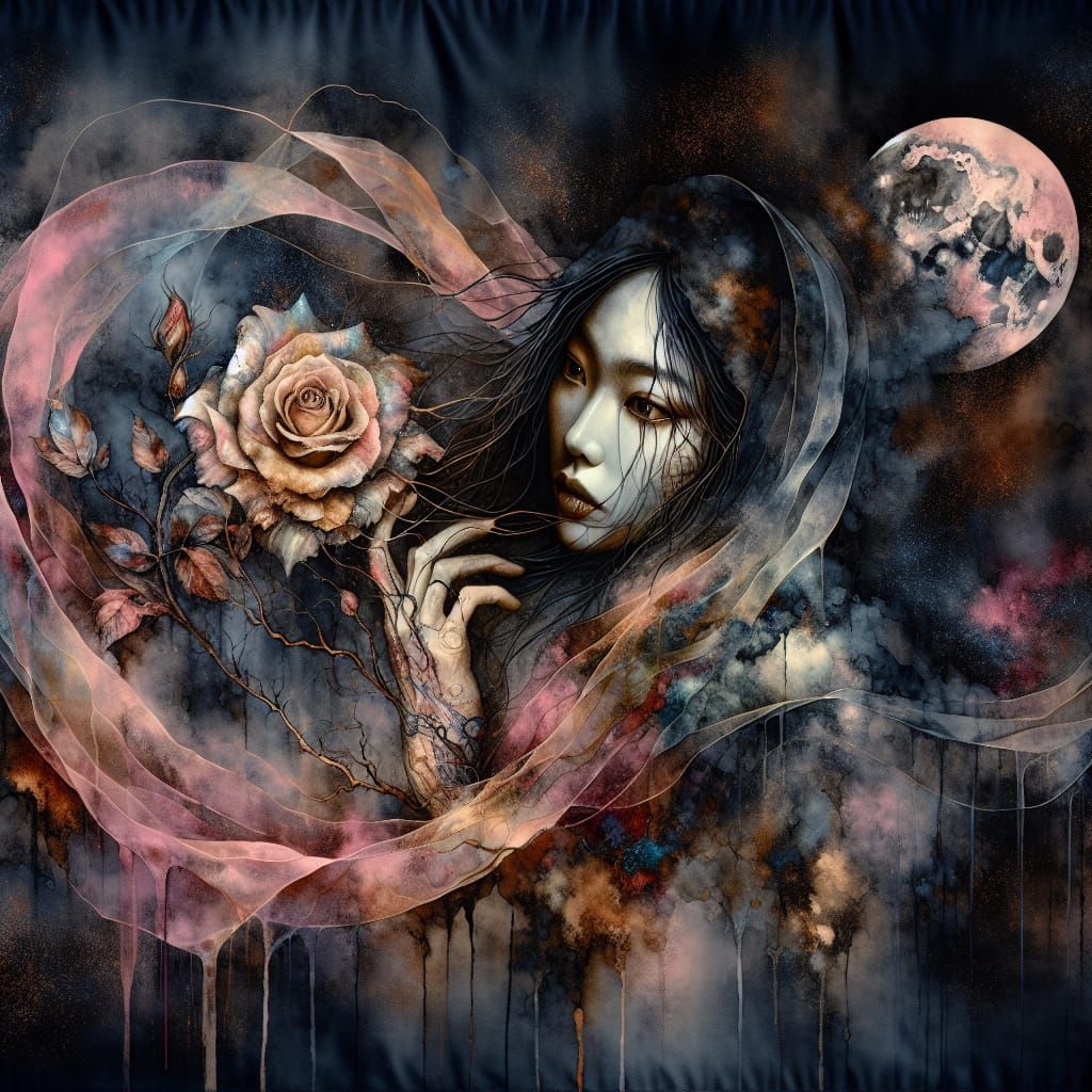 Soft watercolor & ink on silk painting of a surreal portrait of an ​asian lady