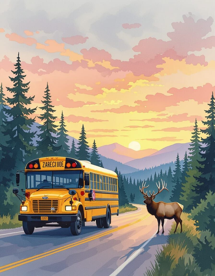 School Bus with Elk at Dawn: Impressionist Masterpiece