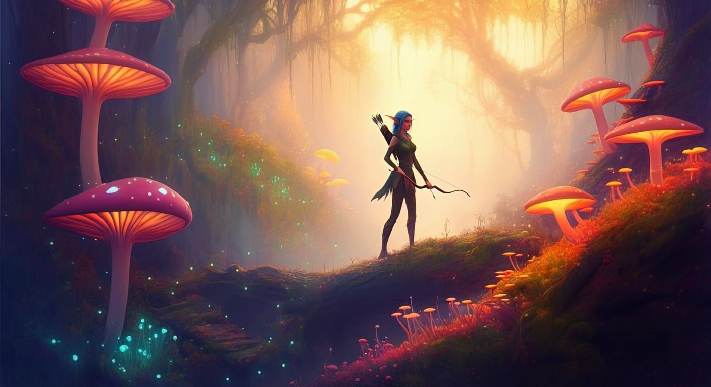 Elf Archeress in Mystical Forest at Golden Hour