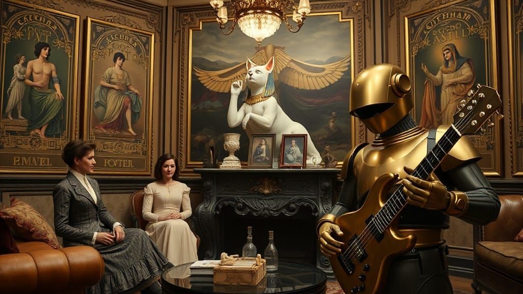 Victorian Living Room with Egyptian Cat Statue and Brass Rob...