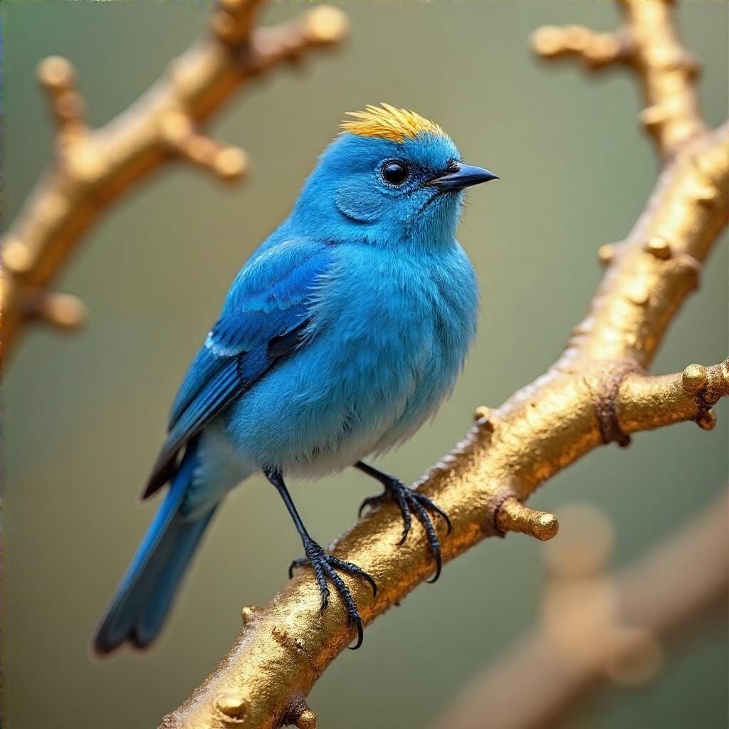Blue Bird Perched on Golden Branch