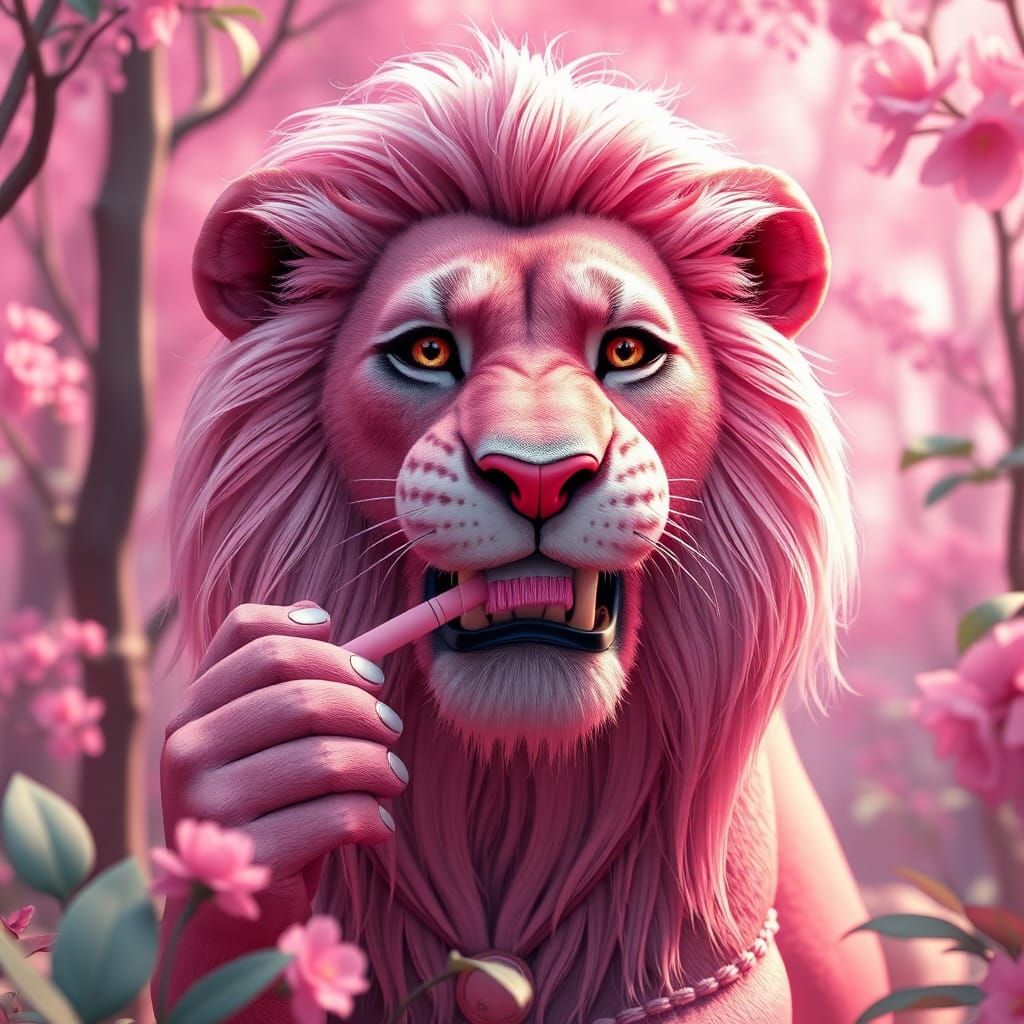 Pink Lion Brushing Teeth in Pink Forest