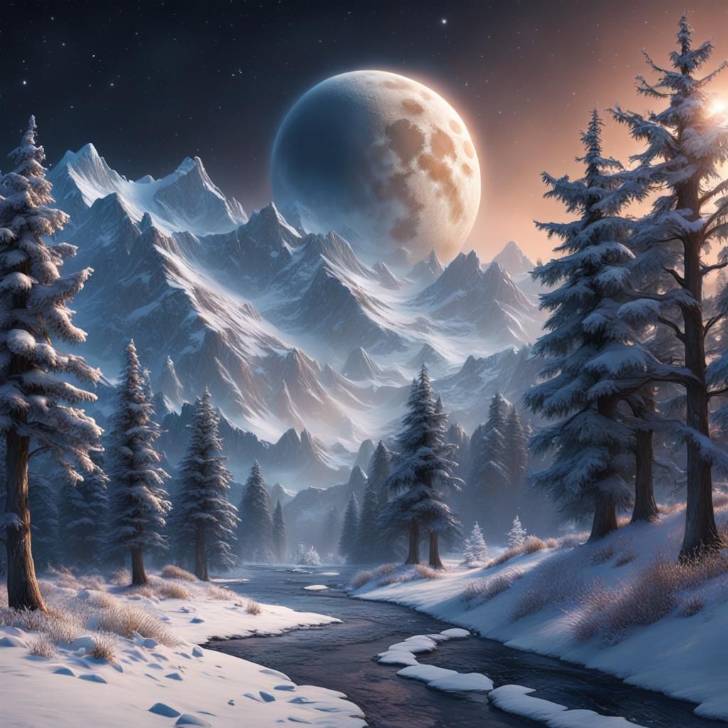 Hyperrealistic Snow Moon Winter Wonderland Astrology