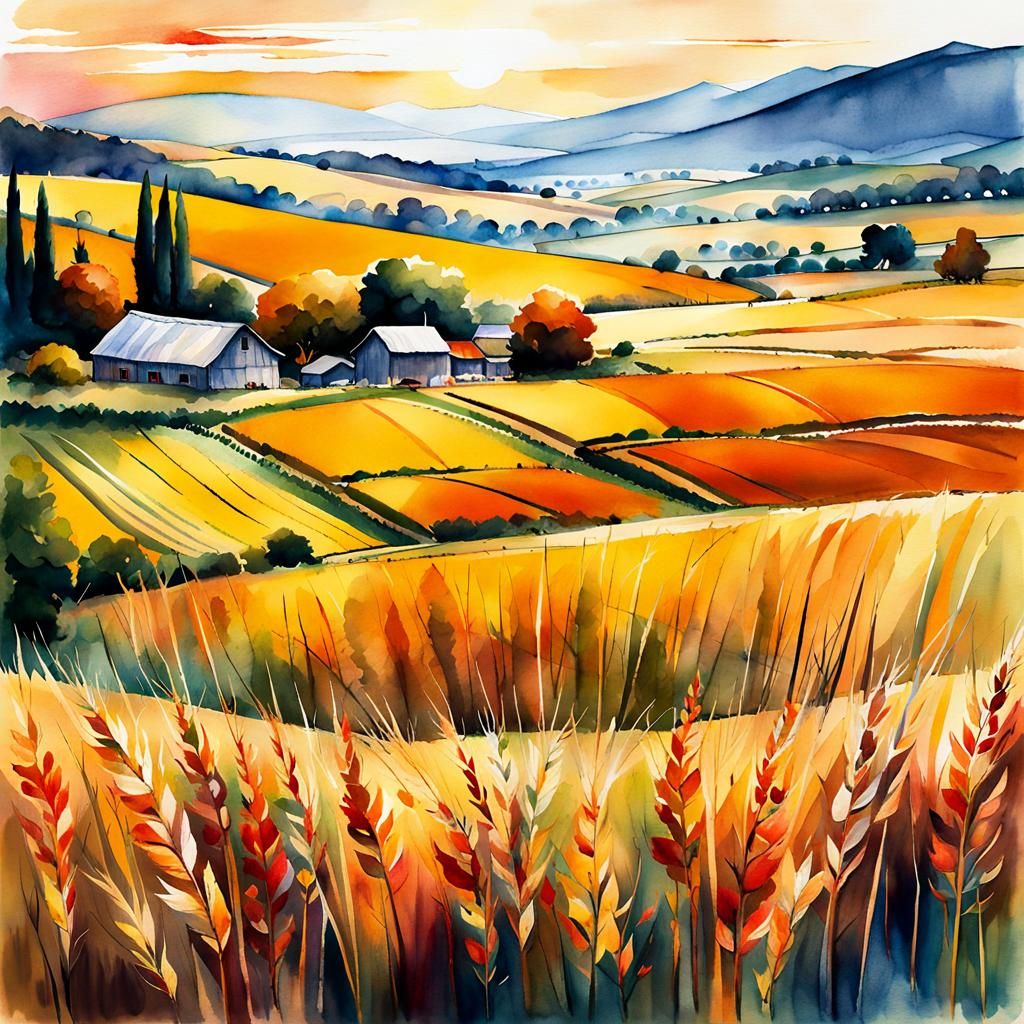 Picturesque Fall Harvest Landscape in Watercolor Style