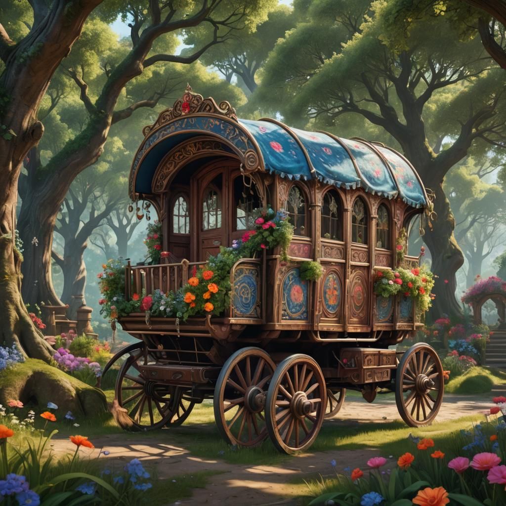 Ornate Floral Gypsy Wagon in Forest, Fantasy Art