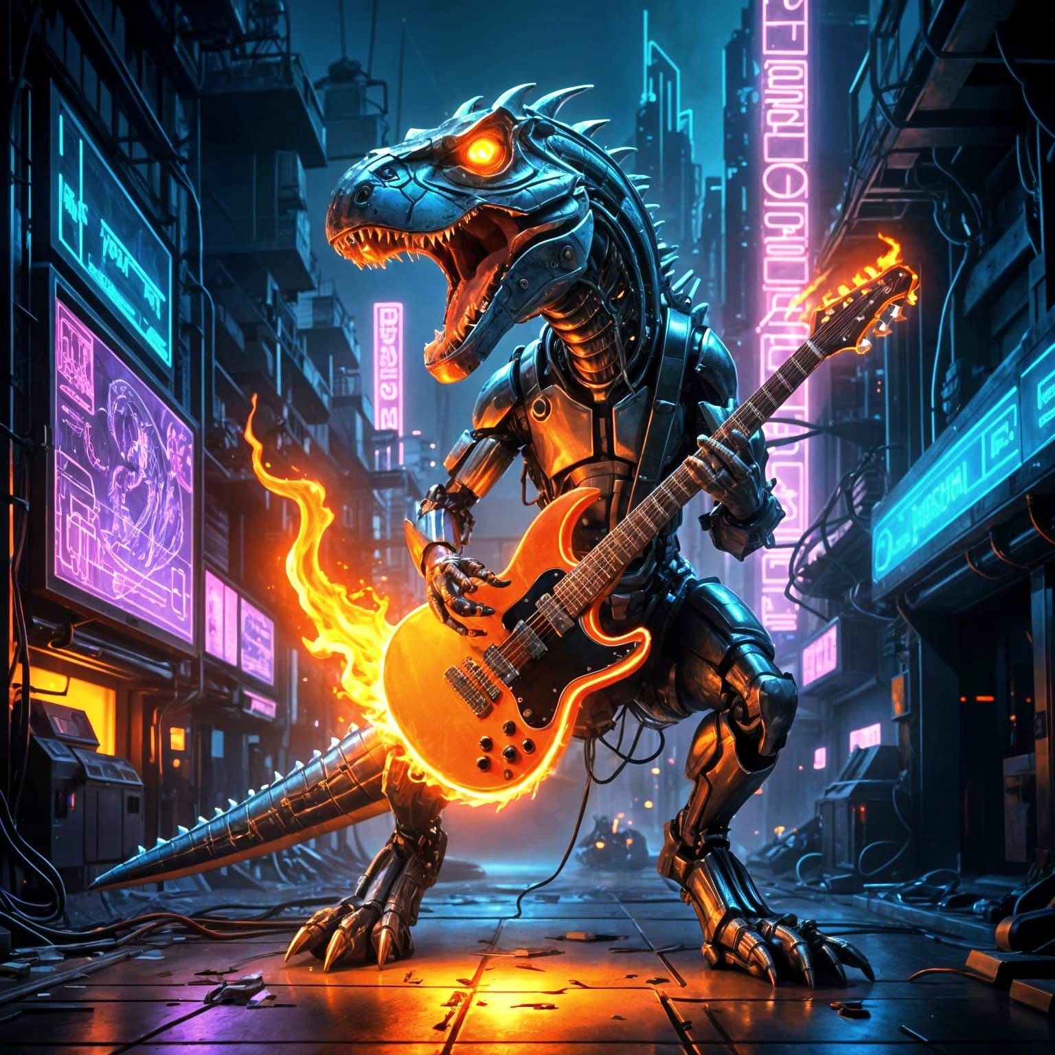 metallic cyborg android dinosaur playing a flaming electric ...