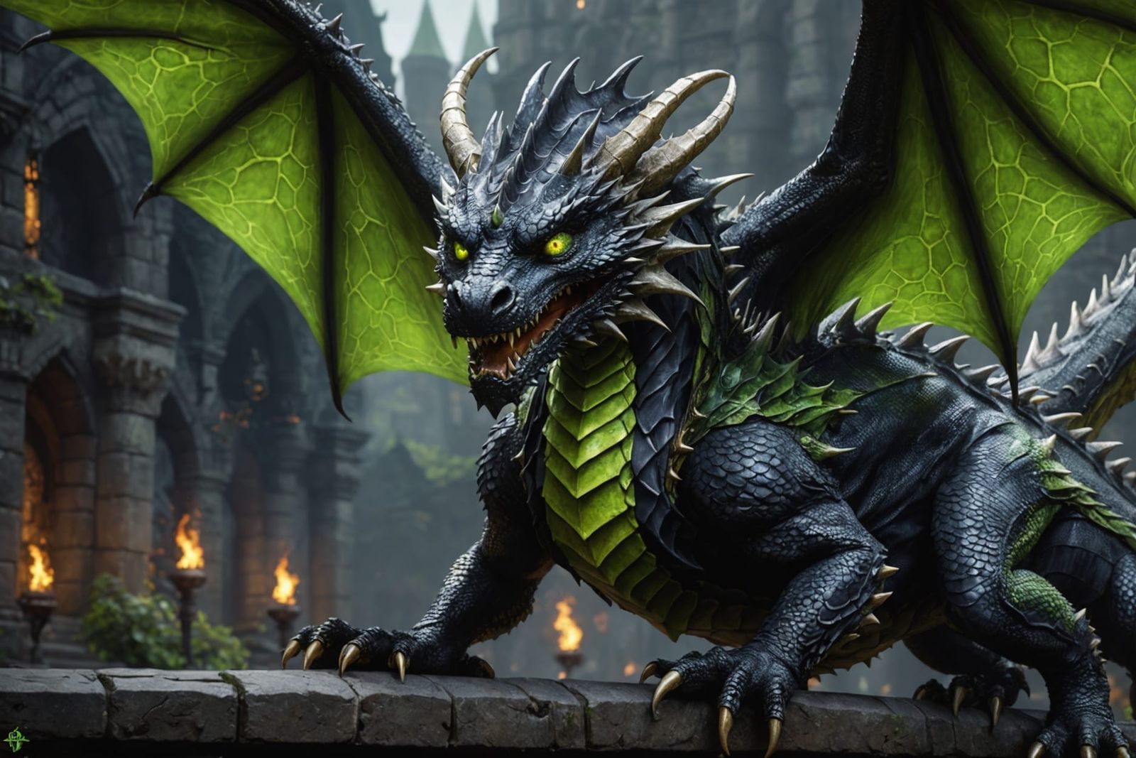 Black Dragon with Green Eyes, Dark Fantasy Art