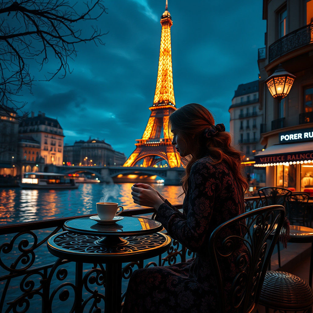 Parisian Café Scene with Eiffel Tower at Night