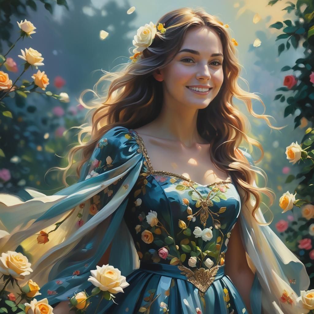 Woman Creates White Roses and Smiles