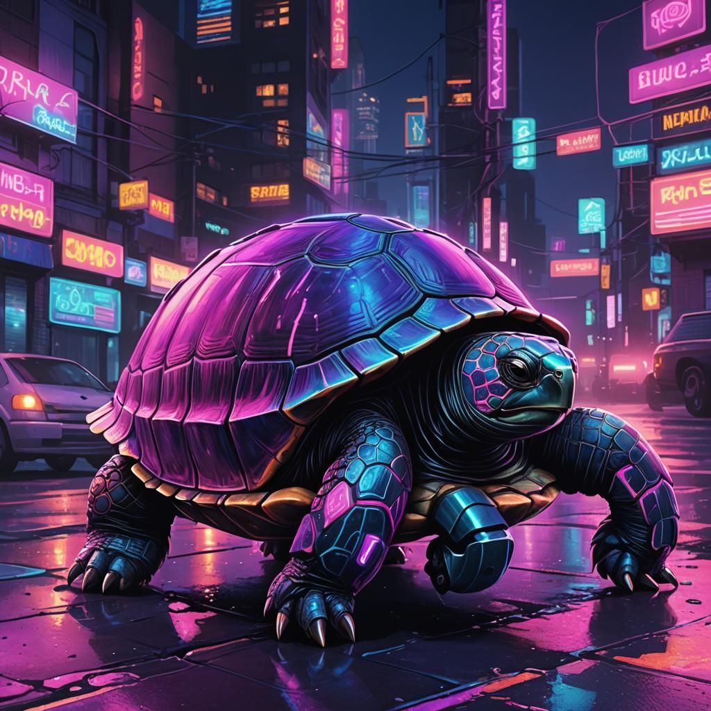 Retrofuturistic Turtle with Wheels in Neon Cityscape