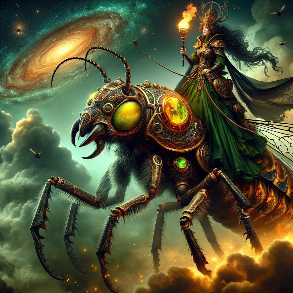 Insect Queen Rides Steampunk Steed in a Surreal Galaxy