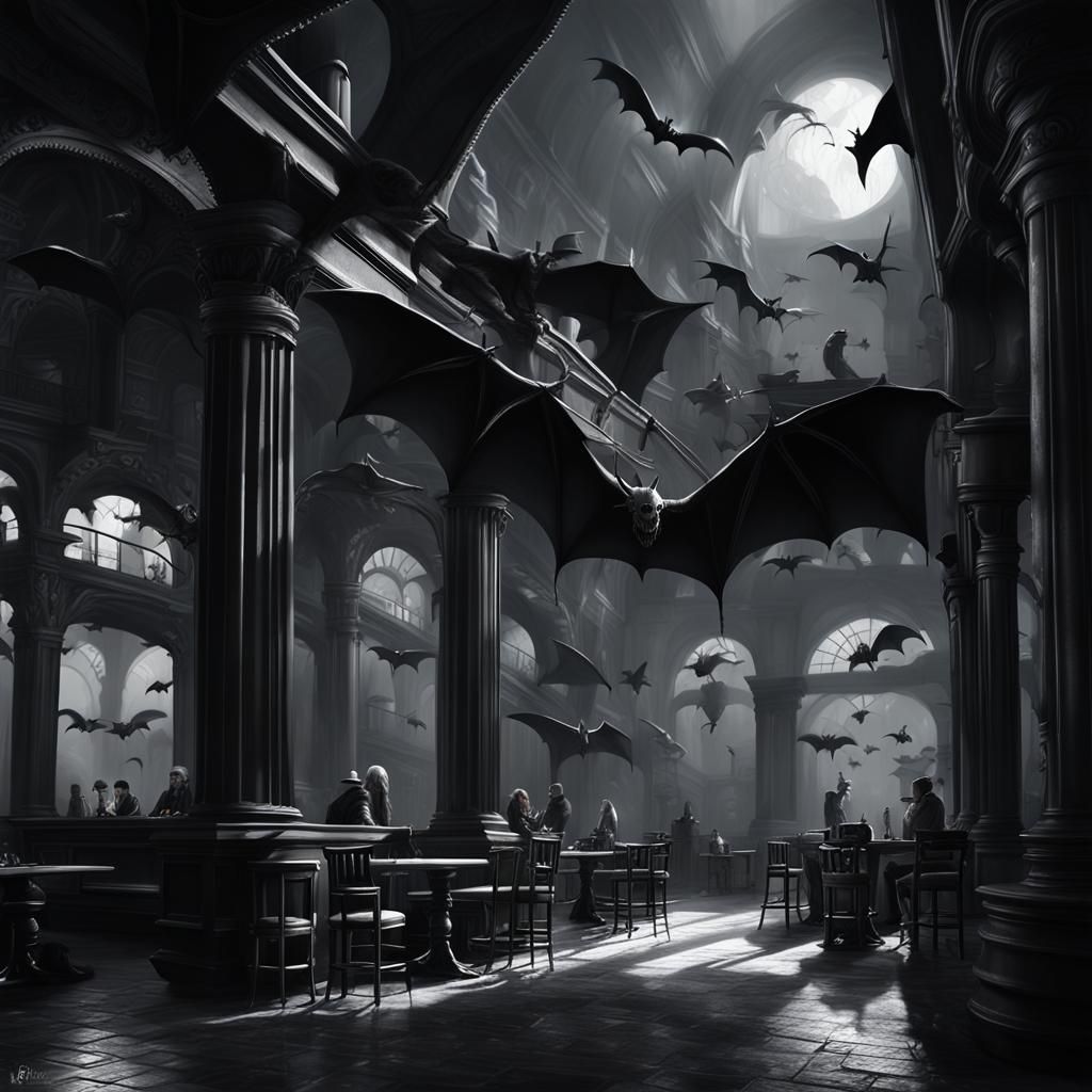 Gothic Model in Coffee Shop with Bats and Dinosaurs