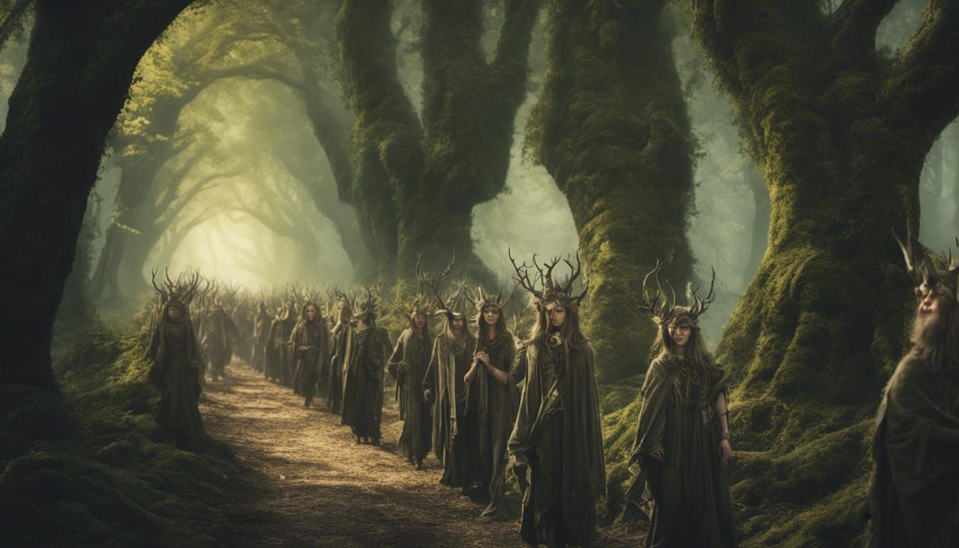 Forest Elves Procession in Ancient Fantasy Forest
