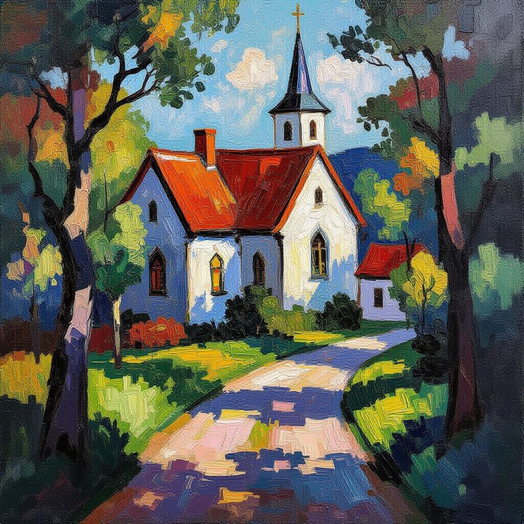 Neo-Impressionist Abbey in Vibrant Oakwood Oil Painting