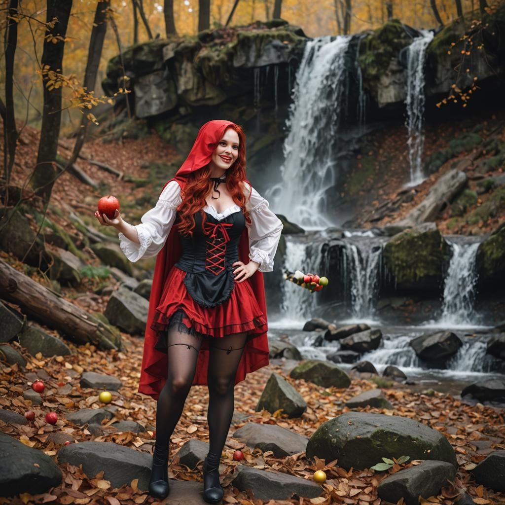 Red Riding Hood with Apple and Waterfall