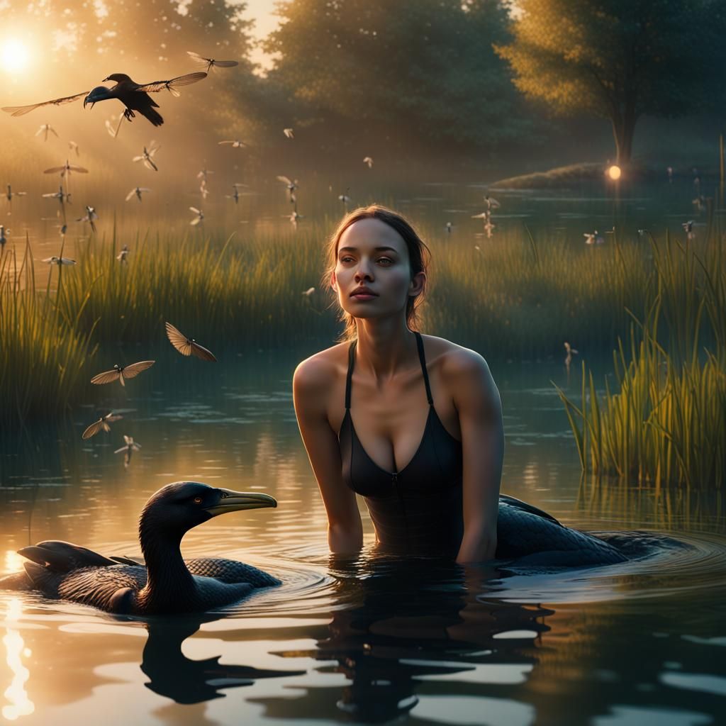 Woman Swims with Birds at Sunrise: Hyperdetailed Splash Art