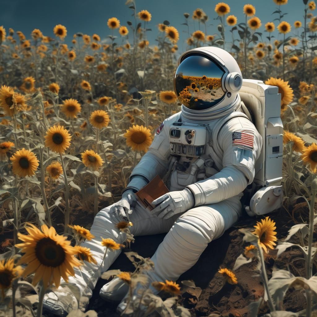 Astronaut Reads Book Among Sunflowers: Matte Painting