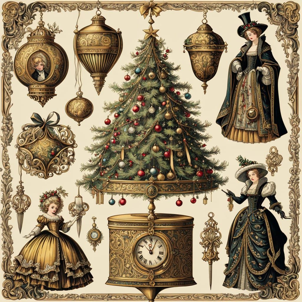 Gothic Golden Christmas Scene in Intricate Pen and Ink