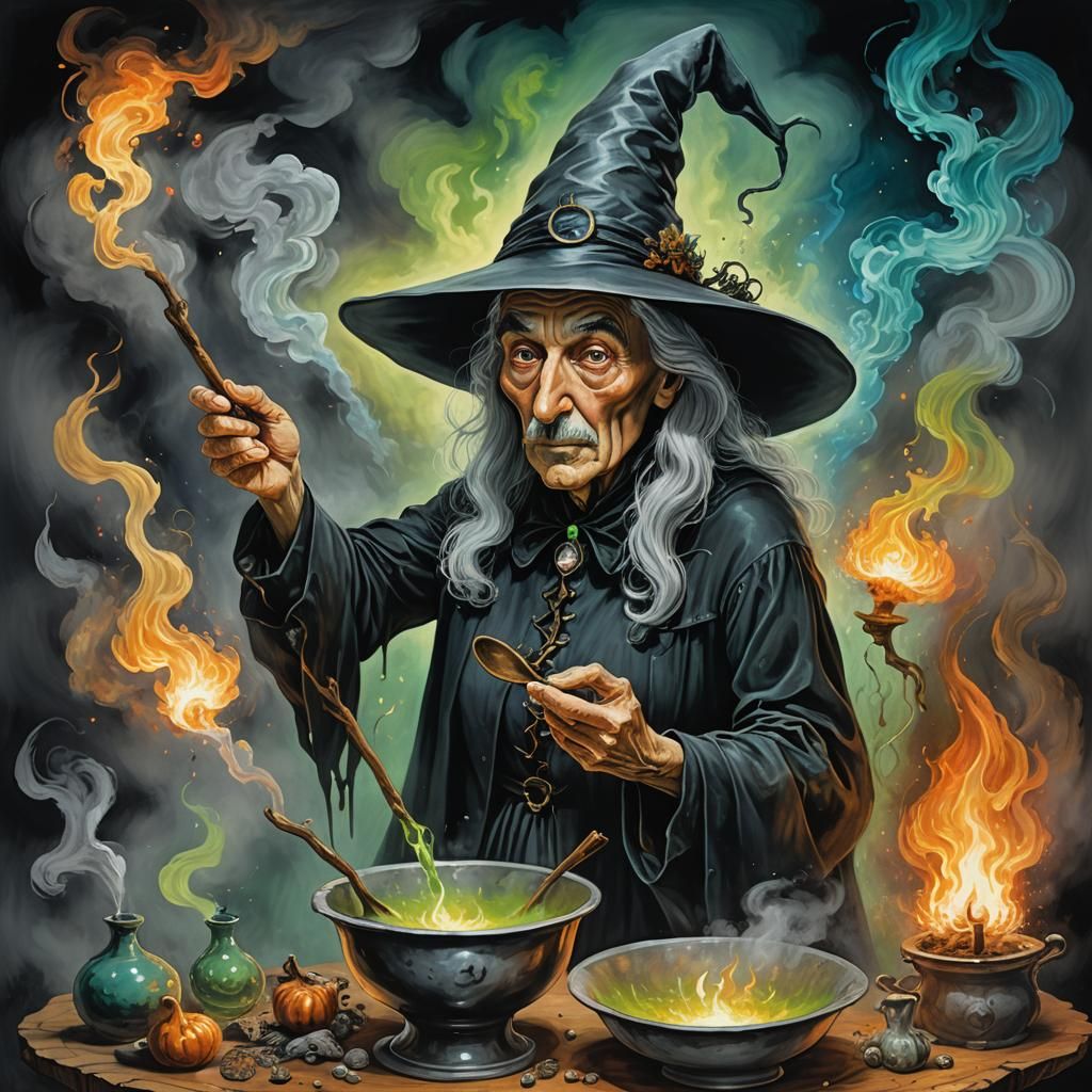 Mystical Witch with Steaming Bowl in Surreal Style