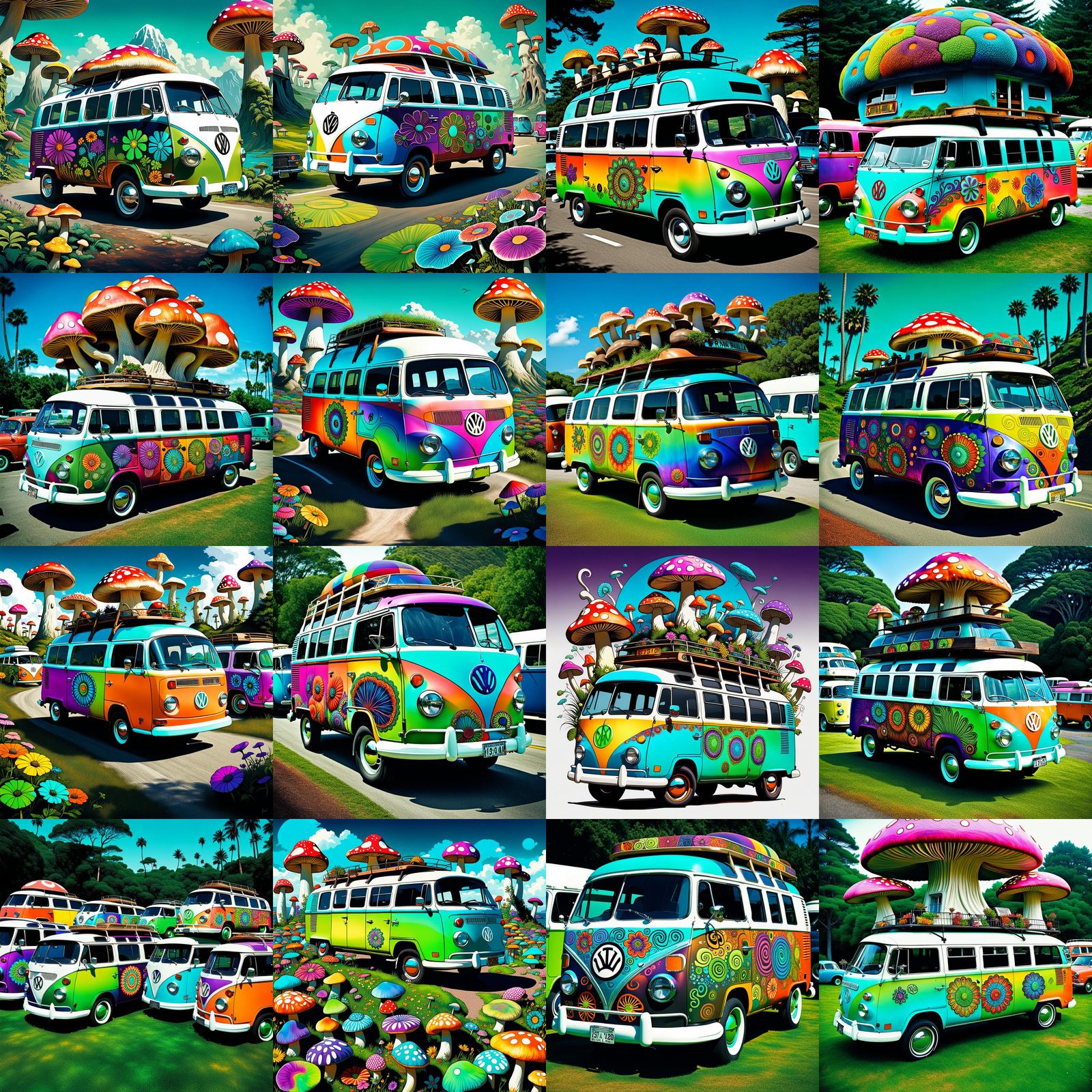 Hippie cars, buses, vans, Mushroom Island