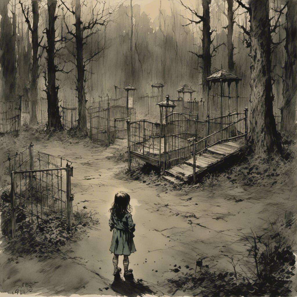 Melancholy Girl at Abandoned Playground in Comic Style