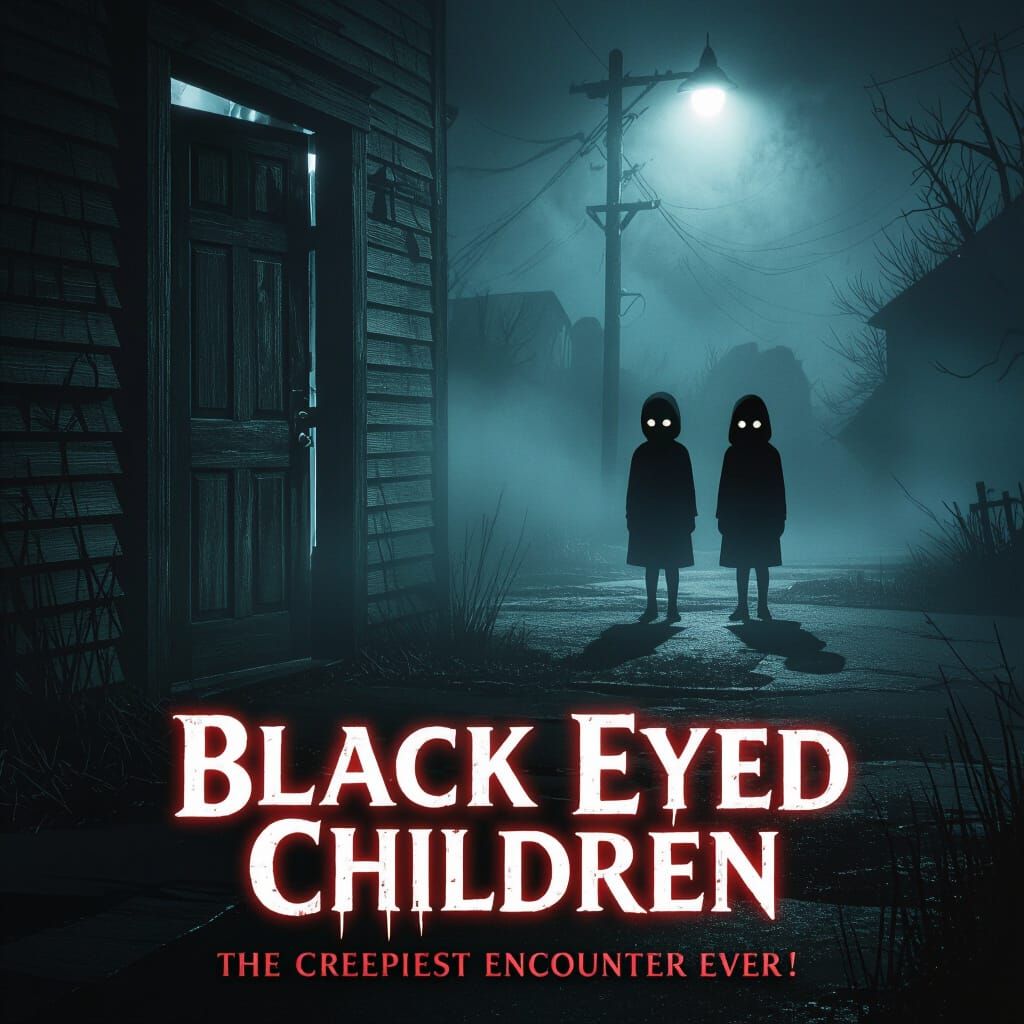 Eerie Black-Eyed Children in Misty Street Scene