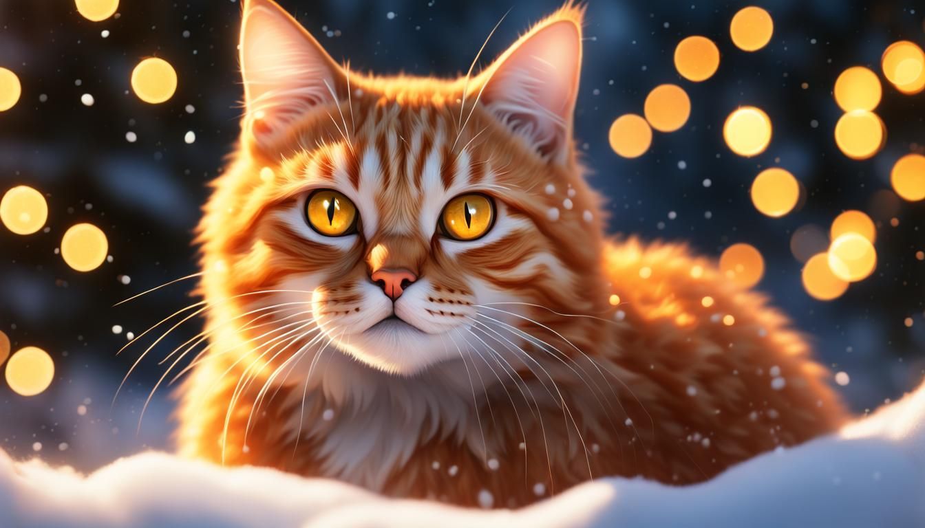 Cute Orange Cat Portrait with Christmas Lights