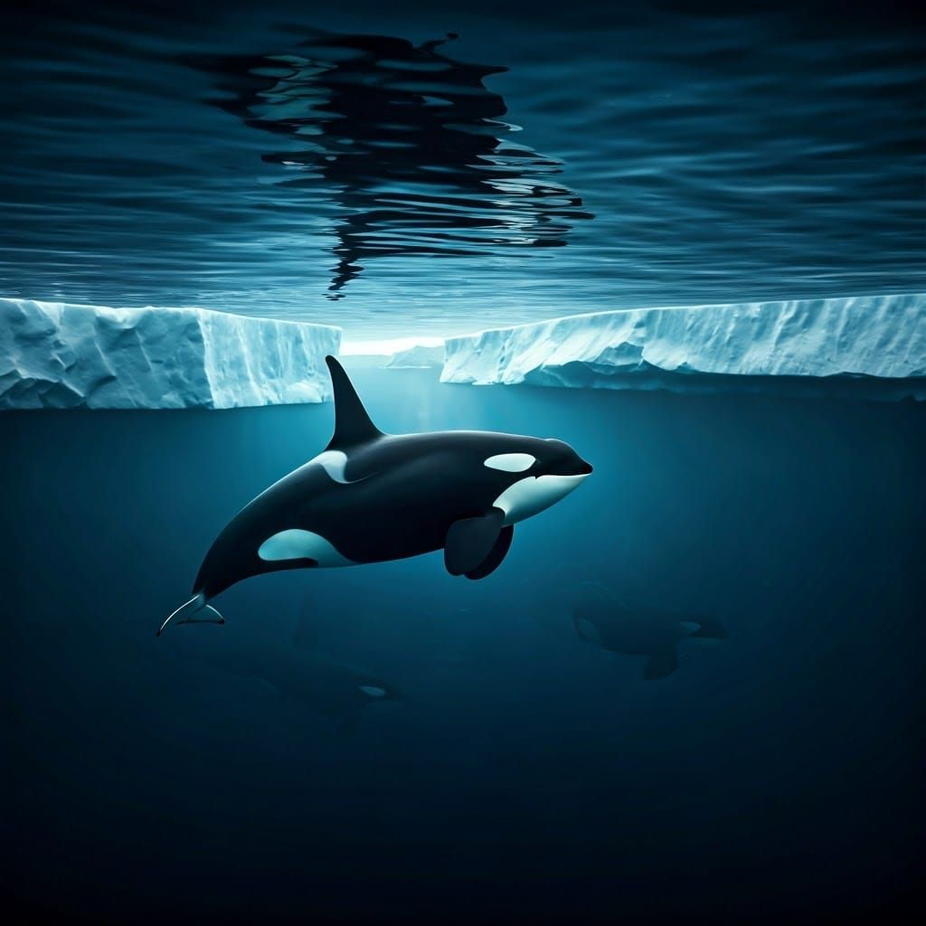 Orca Whales Swimming Under Arctic Icebergs