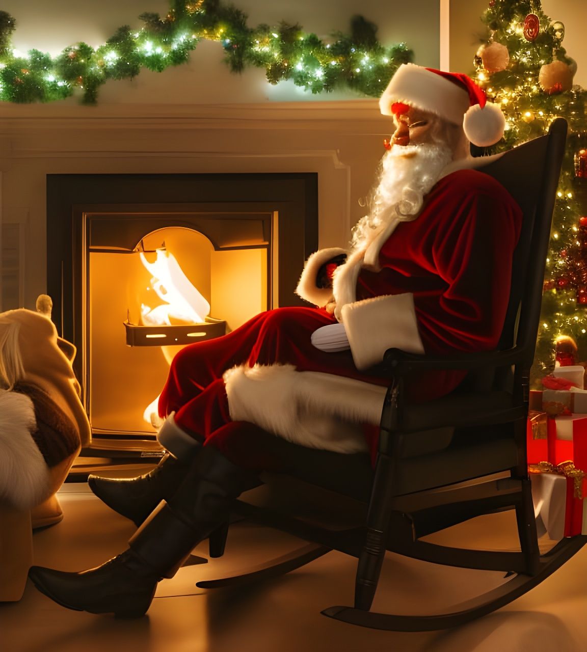 Santa Claus Asleep by Fireplace: 8k Concept Art