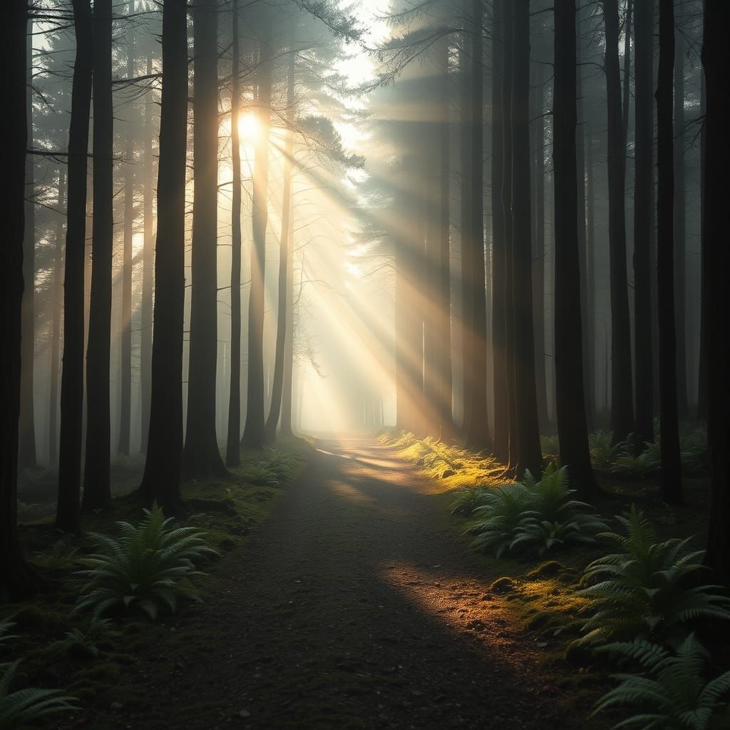 Misty Forest Path Archway with Sun Rays - Fine Art Landscape