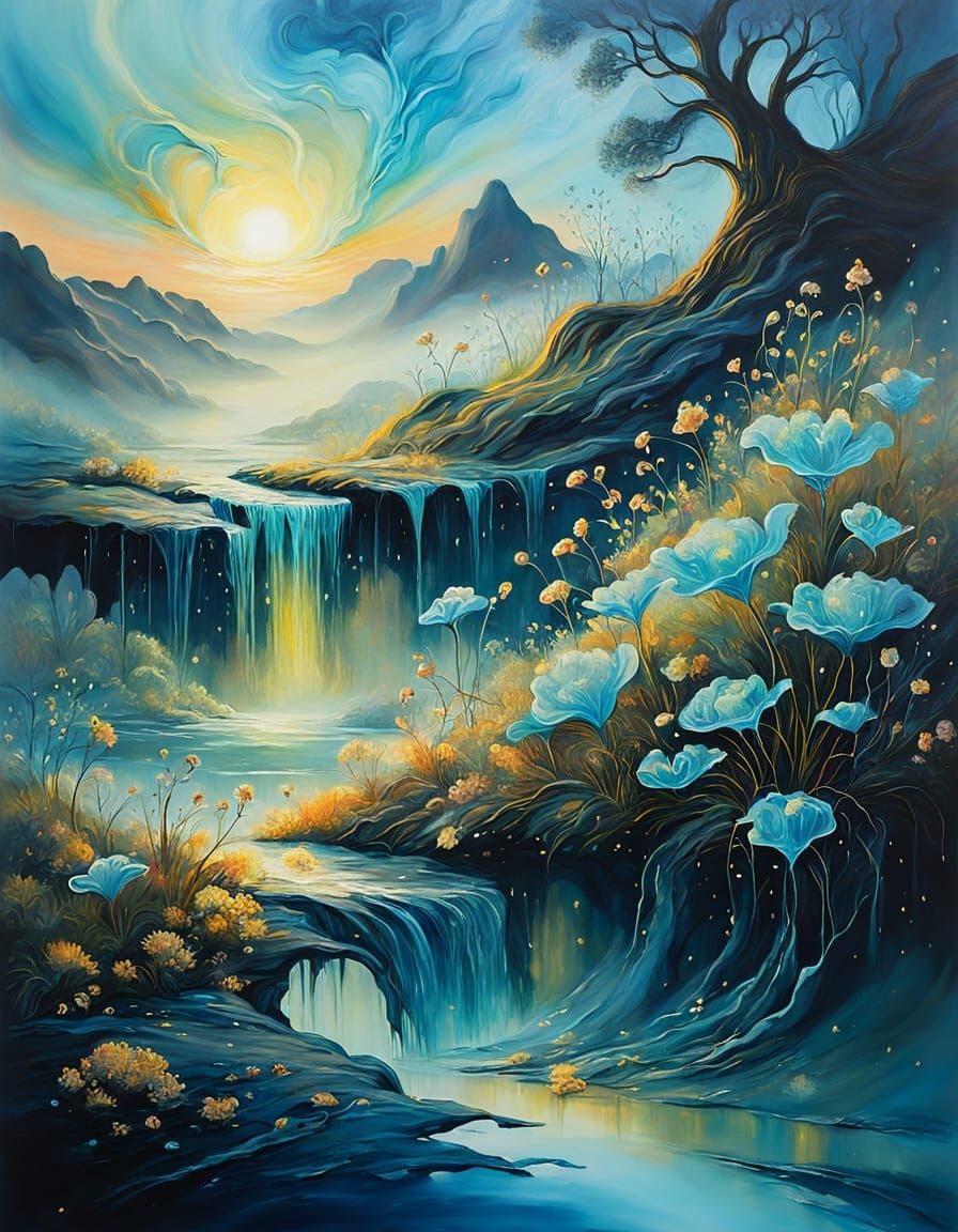 Ethereal Landscape Painting with Bioluminescent Flora