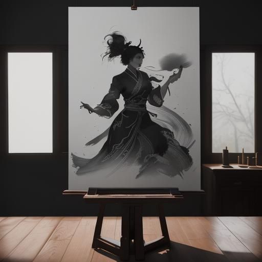 Chinese Ink Wash Painting of a Kitchen