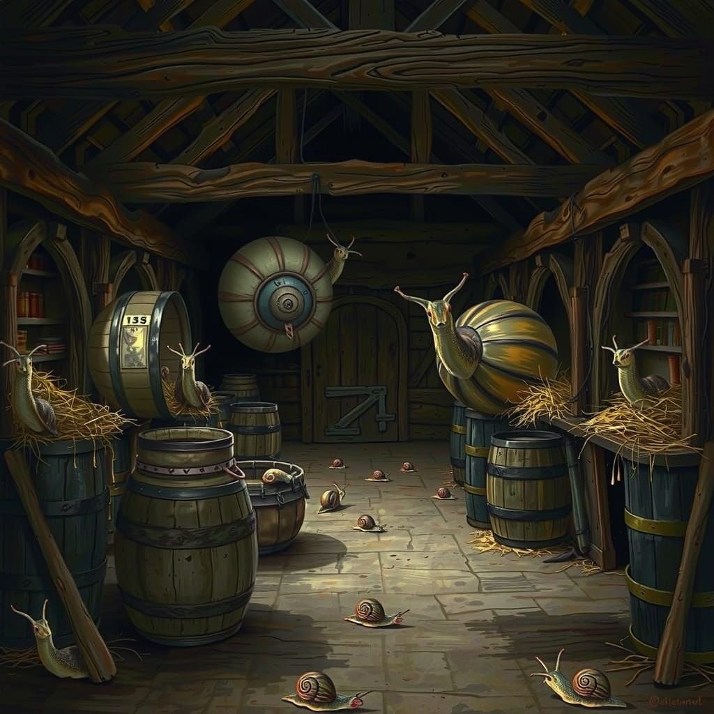 Medieval Stable with Murmuration of Snails in Dreamlike Styl...