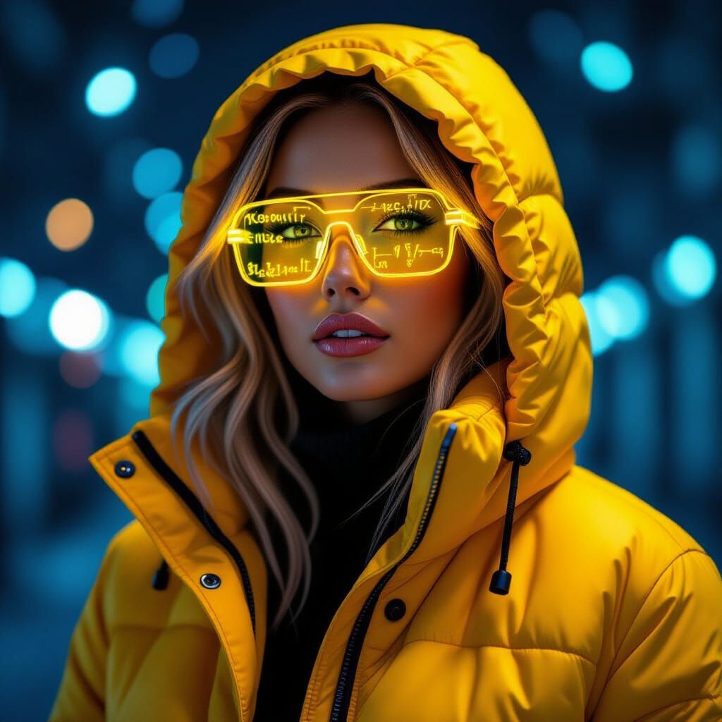 Woman in Yellow Jacket with Glowing Math, Cyberpunk Art
