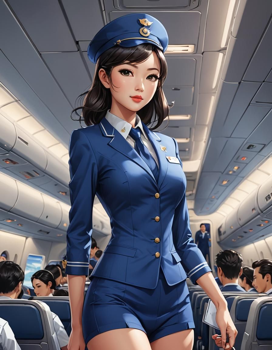 Curvy Asian Stewardess in Anime Style