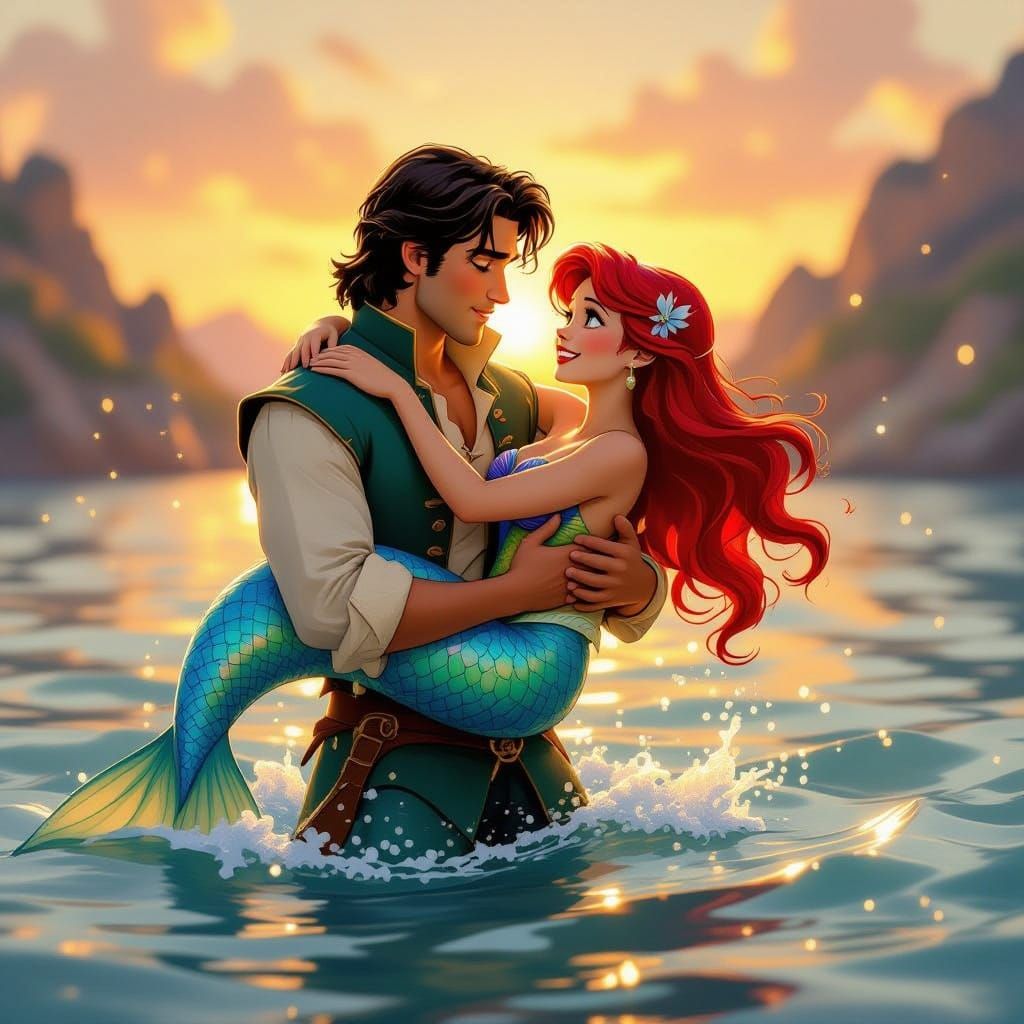 Prince Eric Rescues Ariel From The Ocean Sunset