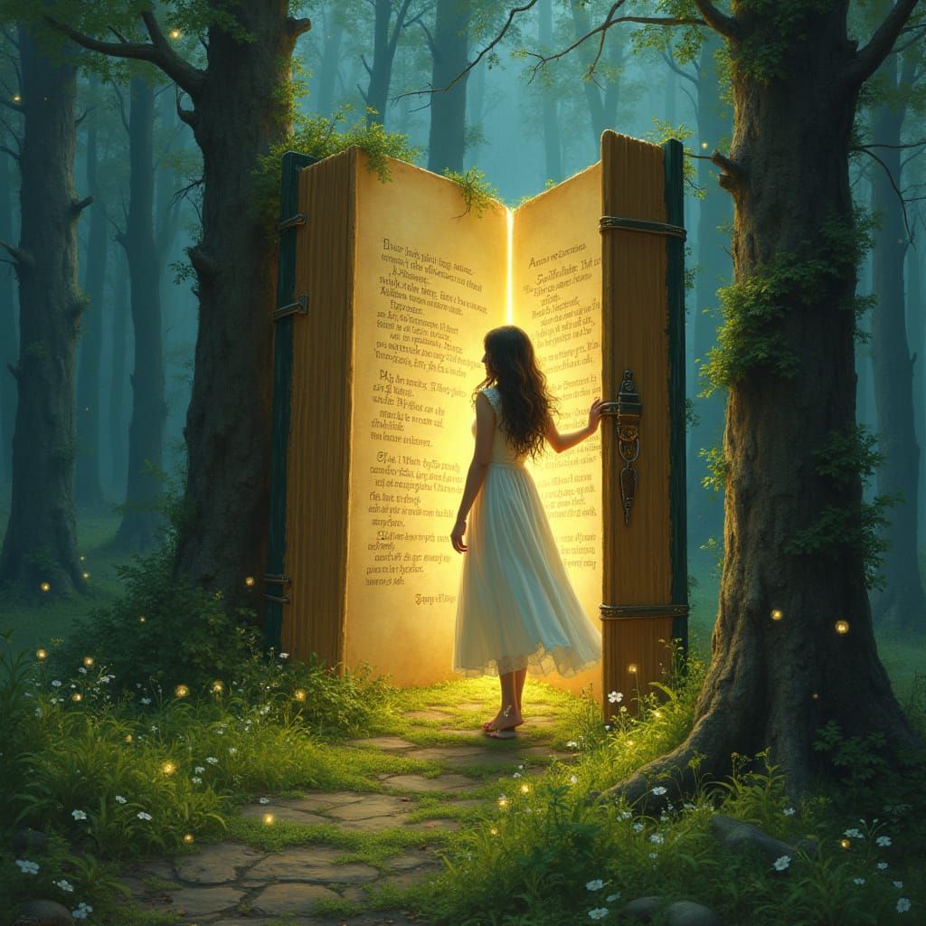 Woman Steps Through Book into Bioluminescent Forest