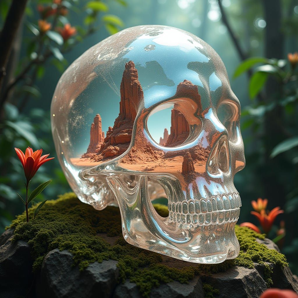 Crystal Skull in Lush Jungle, with Surreal Desert Landscape